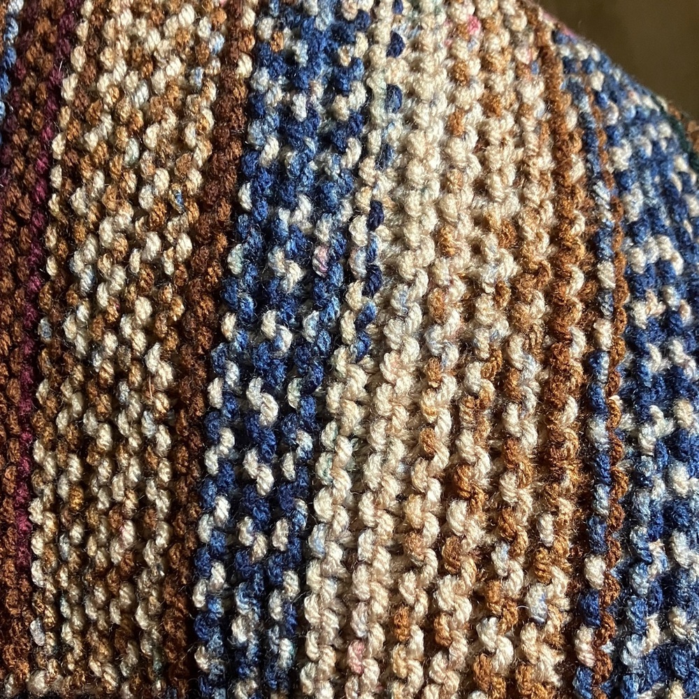 Hand Knit Striped Multicolor Brown and Blue Scarf - Picture 2 of 2